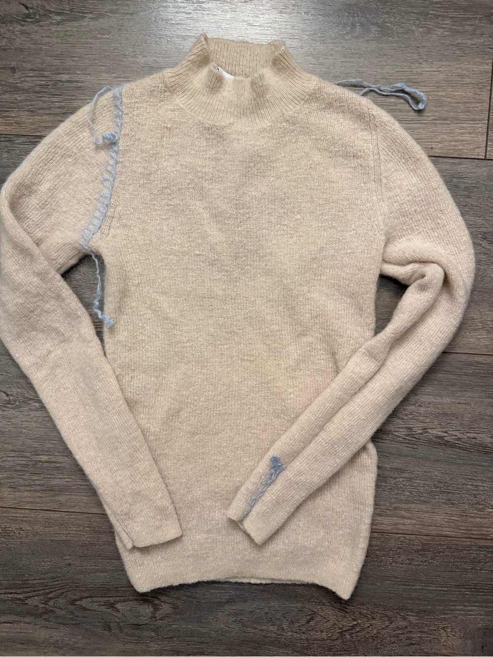 Zara Cream Turtleneck Sweater with Light Blue Stitching